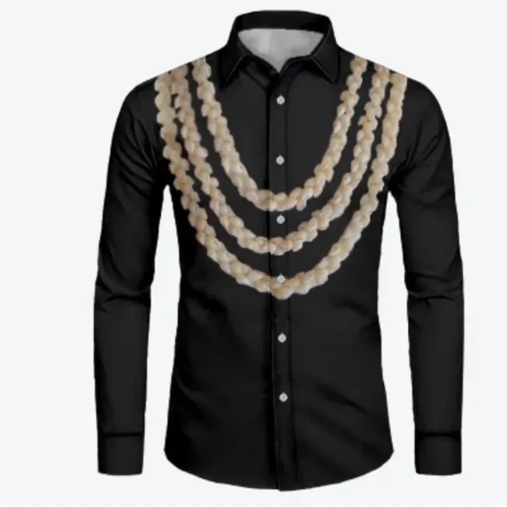 Black Button-Up Shirt with Shell lei Design “Momi Palaka”